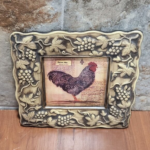 Rooster Plaque Plate Pair Ceramic Square 3D Grape Vine Frame - Picture 3 of 10